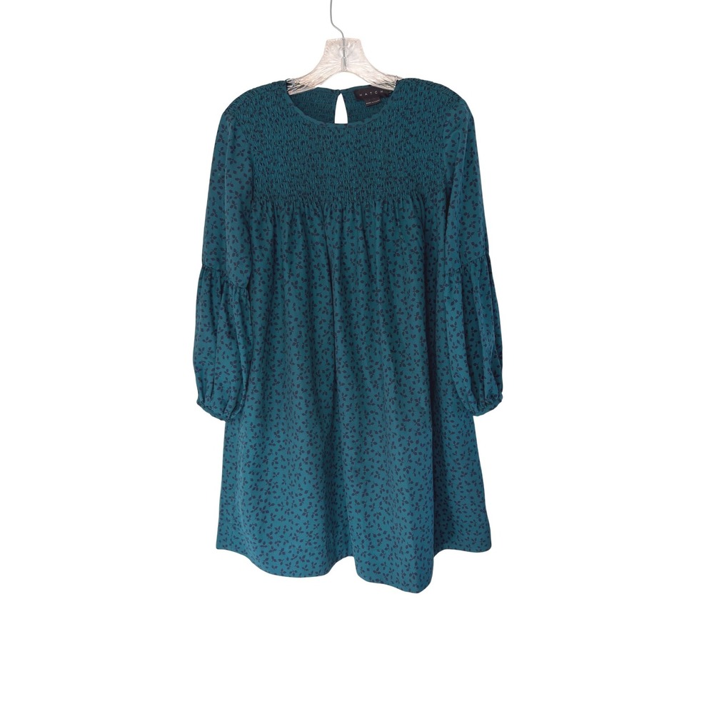 Hatch‎ Mini Dress Green Smocked Printed Black Green Long Sleeve Relaxed Size 0